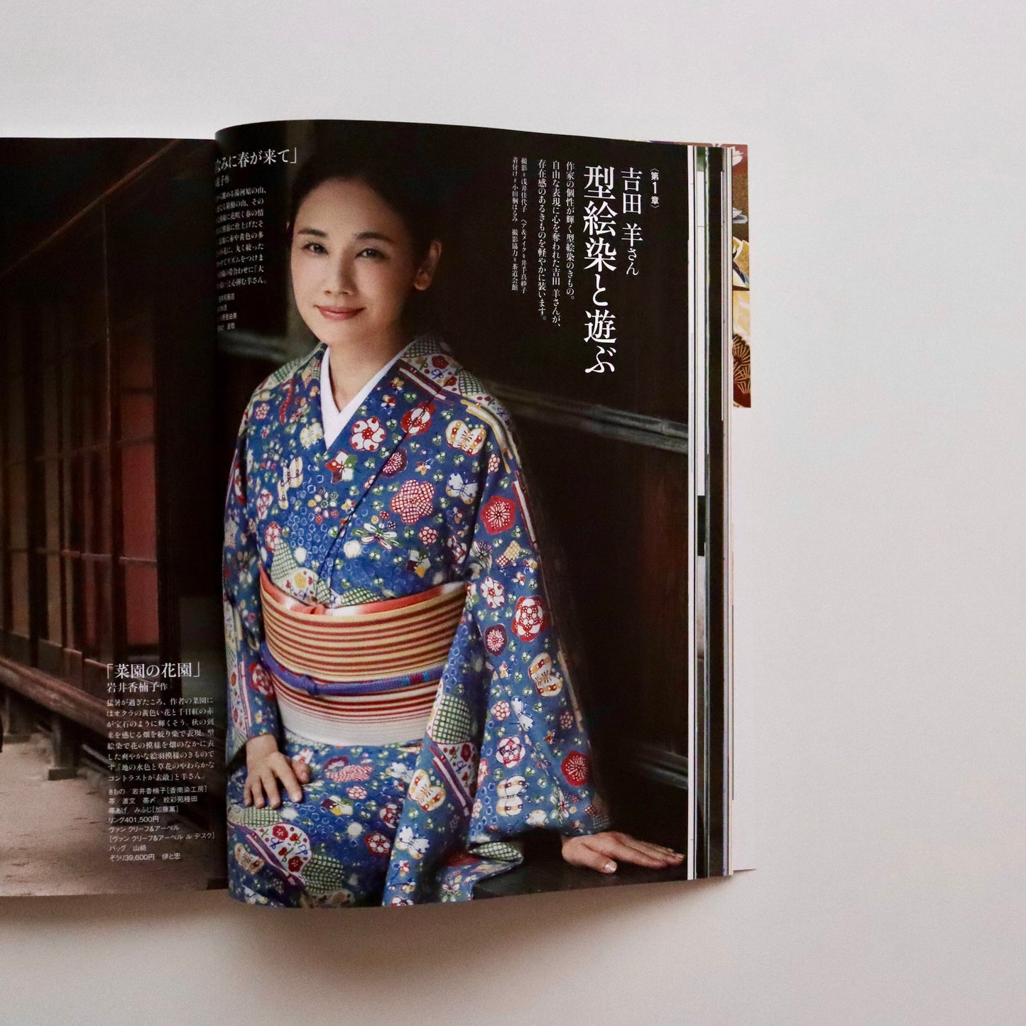 紬絵羽小紋「型絵染 - 山なみに春がきて」岡本紘子