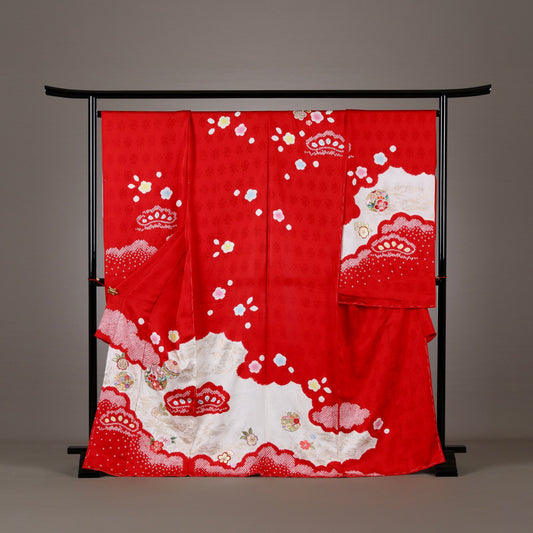 桶絞り | 御祝着フルセット | 七五三 | 七歳 | 正絹 | 刺繍 | 赤白 | 鞠と松