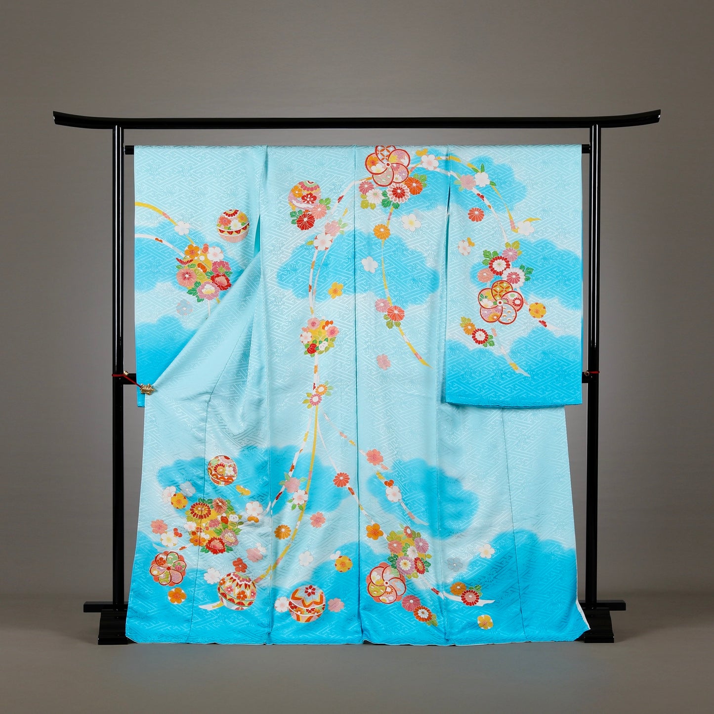 京友禅 | 御祝着フルセット | 七五三 | 七歳 | 正絹 | 手描き | 水色 | 鬘帯と花丸文