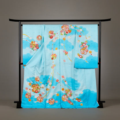 京友禅 | 御祝着フルセット | 七五三 | 七歳 | 正絹 | 手描き | 水色 | 鬘帯と花丸文