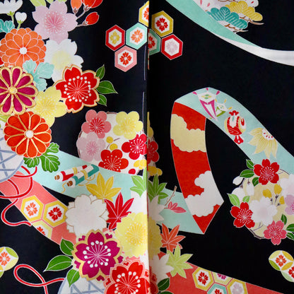 京友禅 | 御祝着フルセット | 七五三 | 七歳 | 正絹 | 手描き | 黒 | 鬘帯に花籠