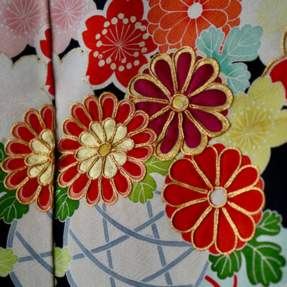 京友禅 | 御祝着フルセット | 七五三 | 七歳 | 正絹 | 手描き | 黒 | 鬘帯に花籠