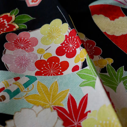 京友禅 | 御祝着フルセット | 七五三 | 七歳 | 正絹 | 手描き | 黒 | 鬘帯に花籠