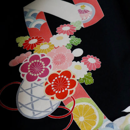 京友禅 | 御祝着フルセット | 七五三 | 七歳 | 正絹 | 手描き | 黒 | 鬘帯に花籠