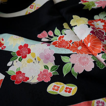 京友禅 | 御祝着フルセット | 七五三 | 七歳 | 正絹 | 手描き | 黒 | 鬘帯に花籠