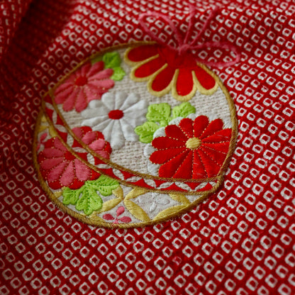 総絞り | 御祝着フルセット | 七五三 | 七歳 | 正絹 | 刺繍 | 赤 | 鈴と花丸文