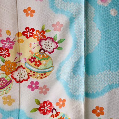 京友禅 | 御祝着フルセット | 七五三 | 七歳 | 正絹 | 手描き | 桶絞り | 水色 | 鈴に花丸文