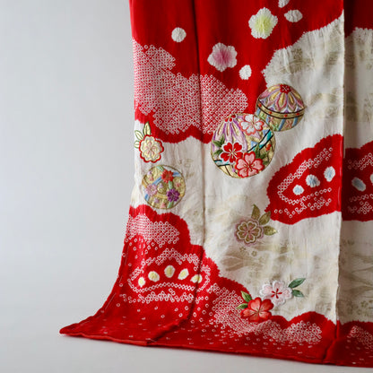 桶絞り | 御祝着フルセット | 七五三 | 七歳 | 正絹 | 刺繍 | 赤白 | 鞠と松