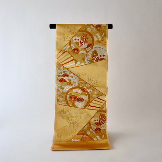 袋帯「斜扇面花蝶文」梅垣織物