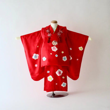御祝着セット | 七五三 | 三歳 | 正絹 | 赤白黒 | 鞠 | 刺繍 | 絞染