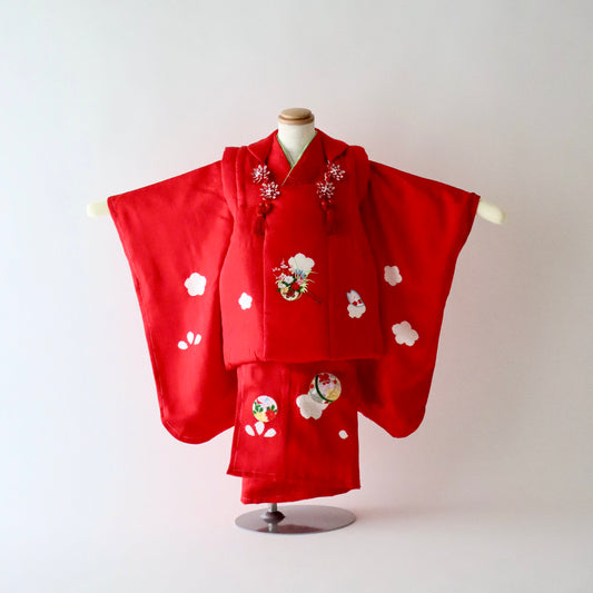 御祝着セット | 七五三 | 三歳 | 正絹 | 赤 | 鞠 | 花籠 | 刺繍