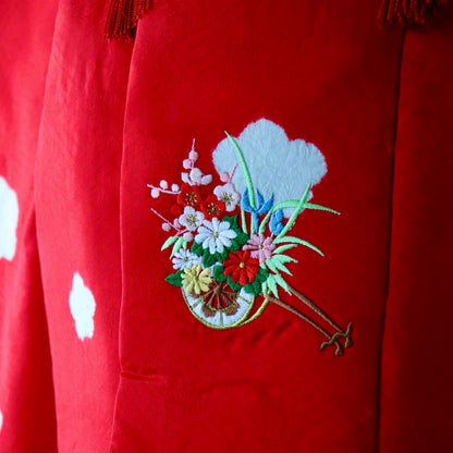 御祝着セット | 七五三 | 三歳 | 正絹 | 赤 | 鞠 | 花籠 | 刺繍