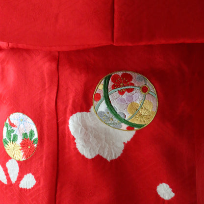 御祝着セット | 七五三 | 三歳 | 正絹 | 赤 | 鞠 | 花籠 | 刺繍