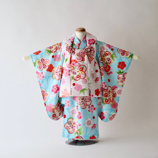 御祝着セット | 七五三 | 三歳 | 化繊 | 水色 | 花 | プリント