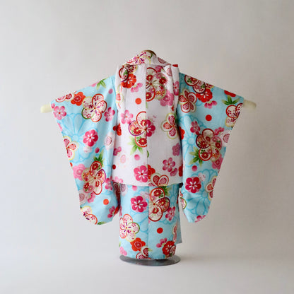 御祝着セット | 七五三 | 三歳 | 化繊 | 水色 | 花 | プリント