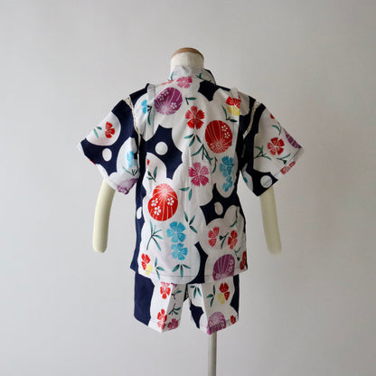 お子様甚平「鞠と夏花」サイズ100：身長95〜105cm前後向け