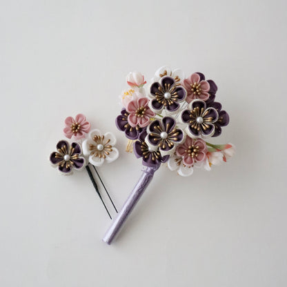 振袖向け髪飾り「つまみ細工 - 花々/葡萄色」大原商店