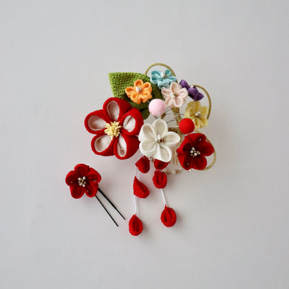 振袖向け髪飾り「つまみ細工 - 花々/紅白彩々」大原商店