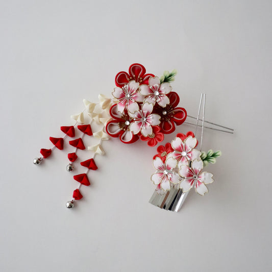 振袖向け髪飾り「つまみ細工 - 花々/紅白縁取」大原商店