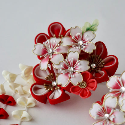 振袖向け髪飾り「つまみ細工 - 花々/紅白縁取」大原商店