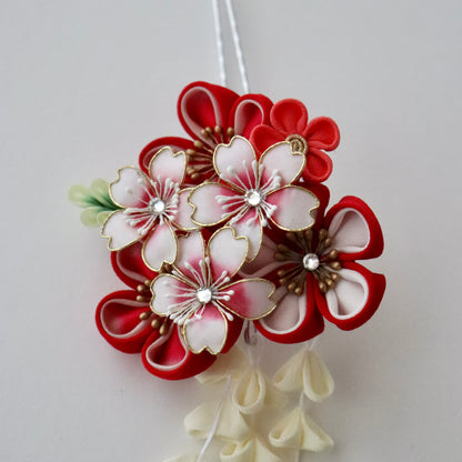 振袖向け髪飾り「つまみ細工 - 花々/紅白縁取」大原商店